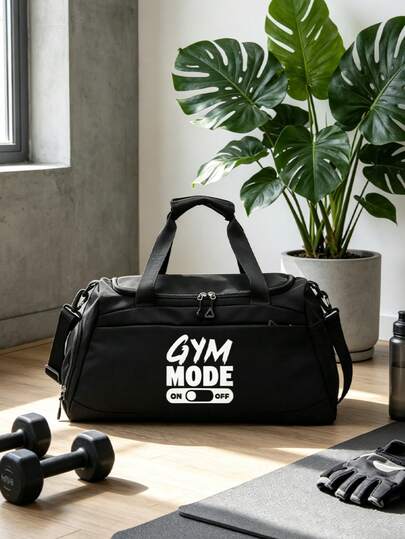 1pc Multifunctional Unisex Gym Bag, Clear Print "GYM MODE" Switch Pattern, Polyester Material With Multiple Pockets, Mid-Size Cylindrical Bag For Fitness & Leisure