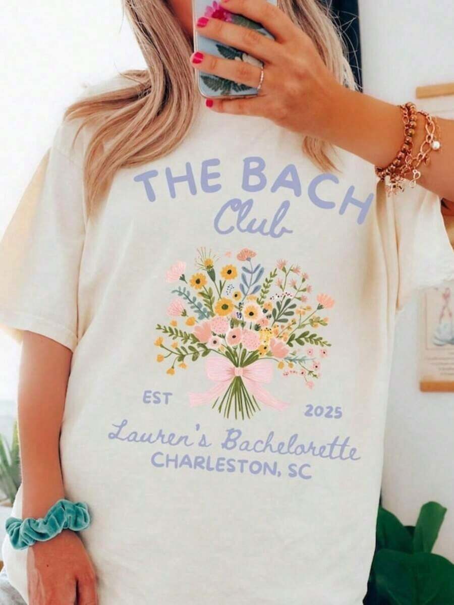 1 Floral Bachelorette Party Shirt, Personalized For Bachelorette Party, Floral, "The Last Flower Before The Groom", Flirty Floral Bow, Breathable And Comfortable. - 白色 - 查看 1