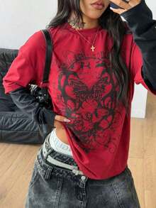 Women's 100% Cotton T-Shirt With Retro Graphic Print "Butterfly Grunge" Y2K Gothic Style Short Sleeve Casual - Soft To The Touch And High Quality - 紅色 - 查看 5