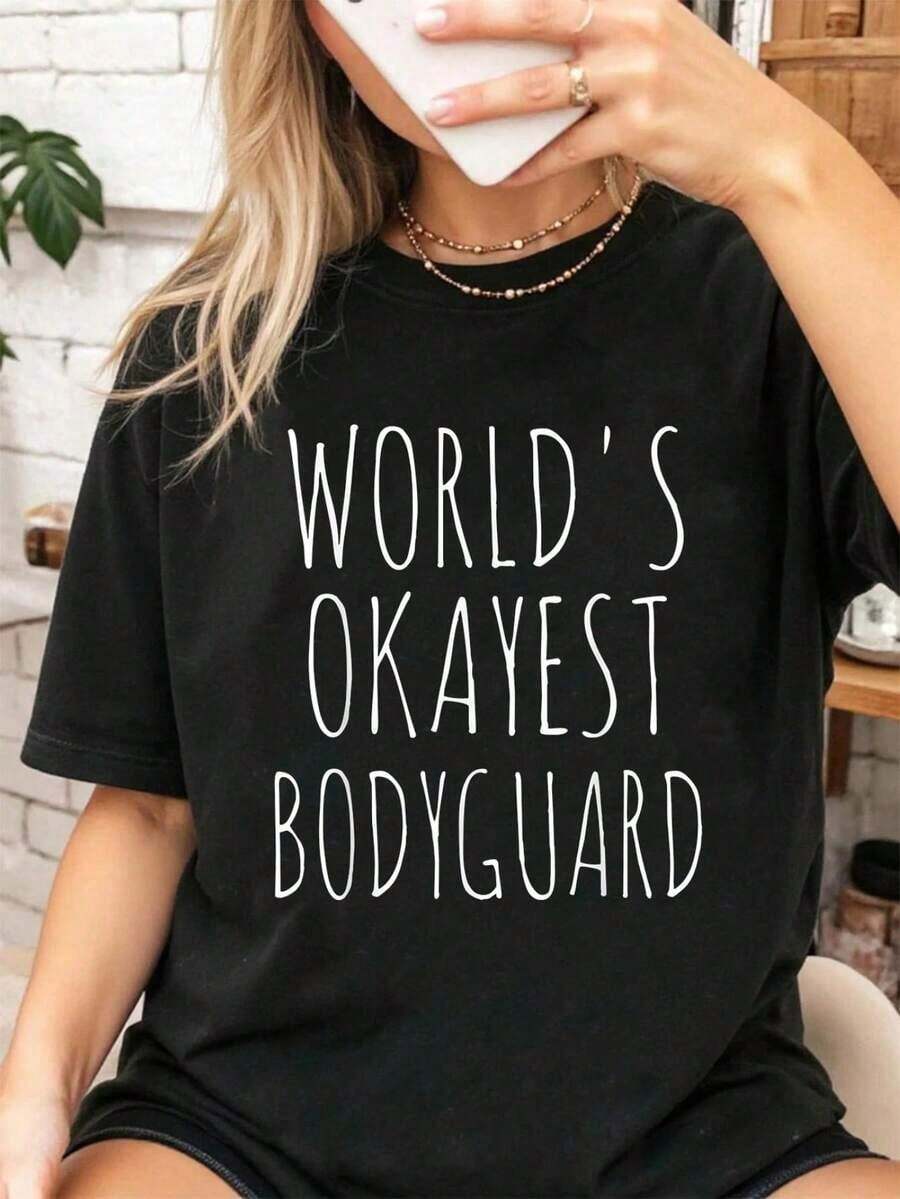 Camiseta Vintage 100% Algodón con Estampado Divertido de Guardián Corporal Sarcástico, Estilo "El Guardián Corporal Más Normal del Mundo", Tops de Verano para Mujer, Modaropa de calor mujer - Negro - Ver 1