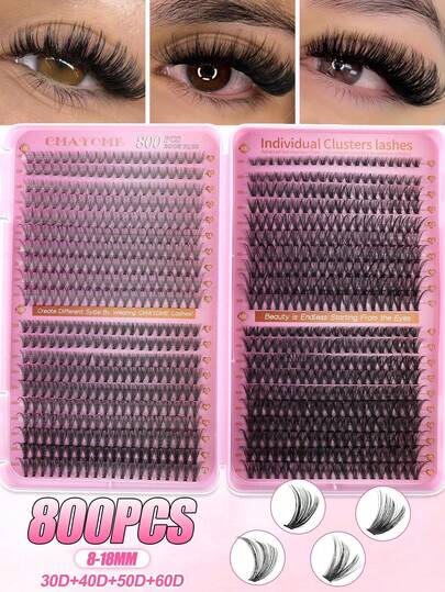 Kit de extensión de pestañas híbridas D Curl de 200/800 piezas que incluye 10D+20D+30D+40D/50D+60D+80D+100D extensiones de pestañas postizas DIY de mink artificial - Extensiones de pestañas individuales D Curl premium naturales - Reutilizables, ligeras, fáciles de usar, reutilizables, no irritantes, la tarjeta rosa es un gran regalo para seres queridos, adecuado para festivales de música, San Valentín, fiestas, etc.