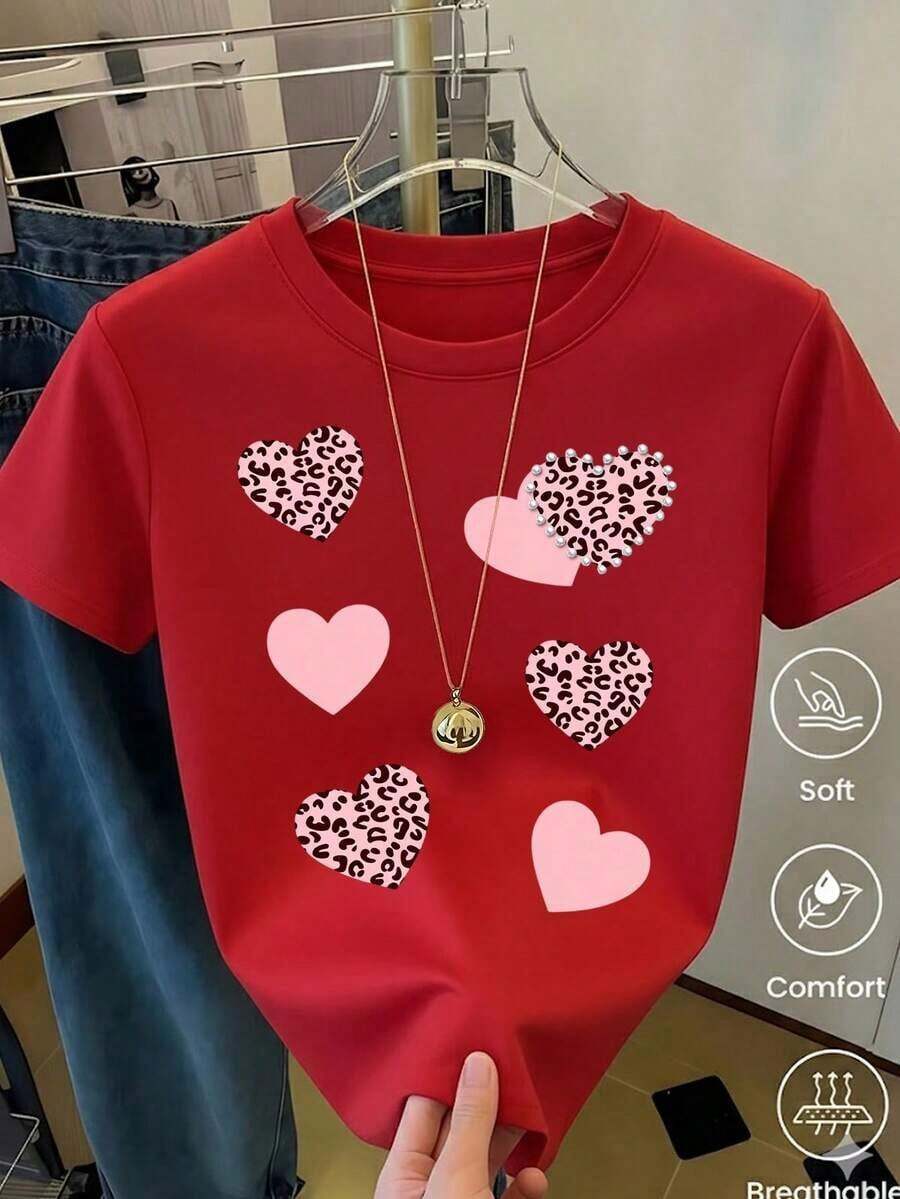 Breathable White T-Shirt For Women With Glitter Red Heart Graphic And Silver Trim, Sparkly Aesthetic Style Short Sleeve T-Shirt, Romantic And Feminine Top, Fashionable Casual Blouse, Warm Clothing For Women - 紅色5 - 查看 1