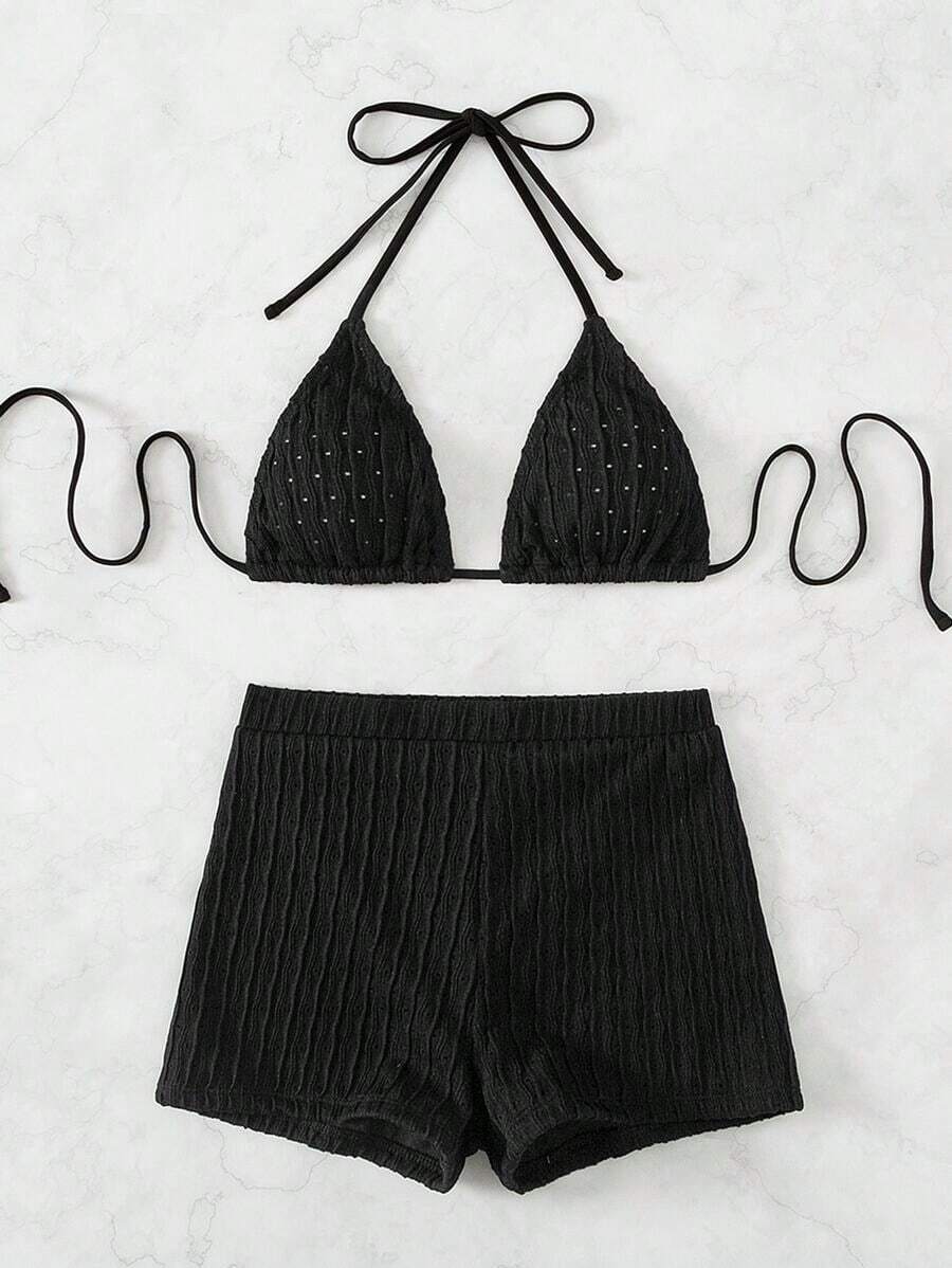 2 piezas Conjunto de bikini de unicolor con textura, tipo halter, adecuado para vacaciones de verano en la playa - Negro - Ver 1