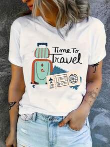 Camiseta con Estampado de Letras, Cuello Redondo, Manga Corta, Estilo Casual, Primavera y Verano, Moda Casual para Mujer, 100% Algodón - Blanco - Ver 7
