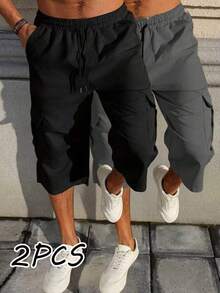 2pcs Men's Premium Casual 7-Inch Cargo Shorts, Flap Pocket Design Sports - Multicolor - View 2