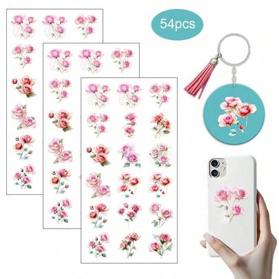 54pcs Abstract Pink Roses UV DTF Stickers, Colorful UV DTF Transfer Stickers, High Viscosity UV DTF Transfer Paper Creative Floral Patterns, Durable Adhesive, Home Decorations, Enthusiasts Suitable For Keychains, Small Pendants, Mugs UV DTF Keychain Sticker(Stickers Solely)