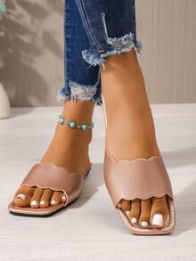 New Women's Fashion Summer Sandals, Slip-On Slippers, Party/Birthday Gift, Solid Color Square Toe Outdoor Casual Shoes, Minimalist Elegant Flat Beach Slides, Easy To Match, Comfortable For All-Day Wear Indoor And Outdoor - Rose Gold - View 5