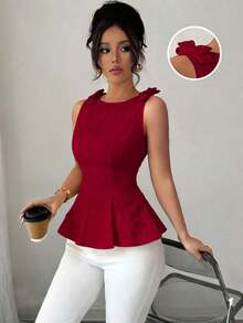 Nueva blusa de tirantes finos con diseño de lazo, cintura ceñida y volantes en el bajo, de tela floral texturizada, para mujer, casual, versátil y elegante para vacaciones - Burdeos - Ver 1