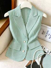 Blazer delgado y versátil de mujer con solapa, botones frontales y sin mangas a rayas - Verde - Ver 6