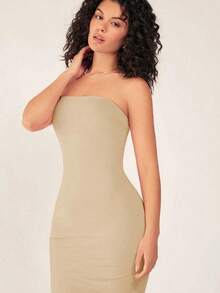 Vestido casual de cena ajustado sin tirantes y de silueta ceñida para mujer - Beis - Ver 5