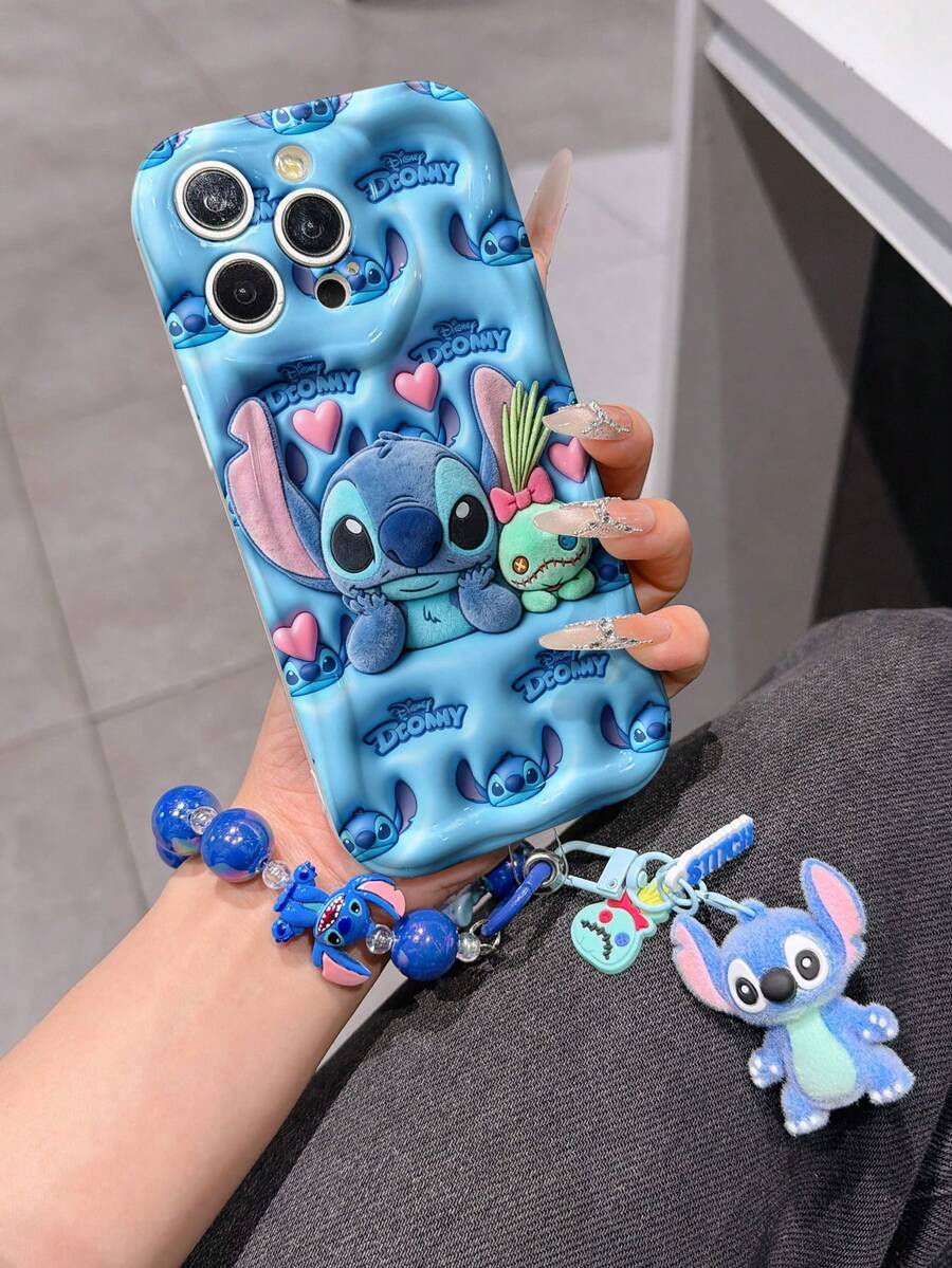 Disney Has Authorized, Phone Case - Chain Set, The Stitch Lilo & Stitch 3D Phone Case Plus A Silicone 3D Stitch Bracelet With Metallic Ring Removable Bracelet, Stitch And Angel Pattern, Compatible With Iphone17/16/15/14/13/12/11/XS/XR/X Plus Pro Max, A Stylish Cartoon Phone Case, The Perfect Gift Choice, Phone Protection, Durable Phone Cover, Great Gift For Friends And Family. - 白色 - 查看 1