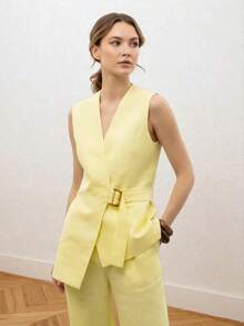2 piezas Conjunto de ropa elegante, Blusa sin mangas con cuello en V y corbata en la cintura y Pantalones anchos de pierna ancha con bolsillos para mujer, Conjunto primaveral - Amarillo - Ver 4