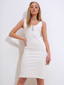 Summer Casual Solid Color Sleeveless Fitted Dress - Cream - View 7