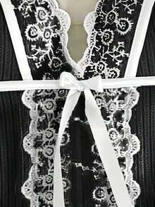 Camiseta sin mangas de uso diario versátil y casual con parches de encaje y decoración de lazo para mujer - Negro - Ver 3