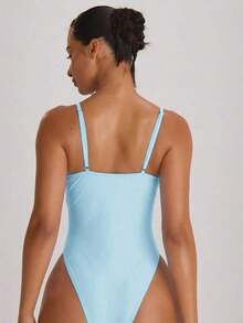 Resort Traje de baño con cuello recto, tirantes y corte alto en la pierna, tipo cheeky.Traje de baño básico unicolor para vacaciones, verano y viajes a la playa. - Celeste - Ver 4