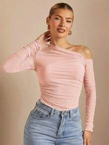 Camiseta de manga larga con cuello asimétrico plisado, ajustada, en color liso, para mujer, para primavera/otoño - Rosa - Ver 5