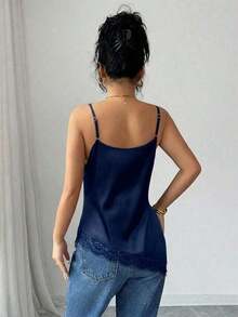 Camiseta de satén asimétrica elegante y sexy con dobladillo de encaje para mujer - azul real - Ver 2