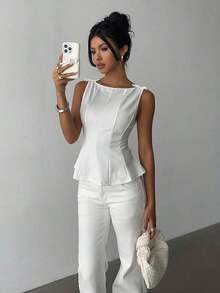 sin mangas elegante para ir al trabajo, diseño minimalista - Blanco - Ver 6