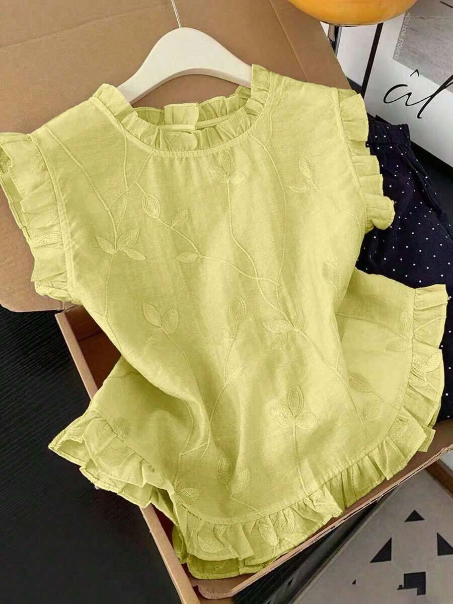 Camisa sin mangas de mujer con bordado y volantes - Amarillo claro - Ver 1