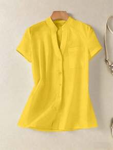 Camisa de mujer de unicolor con cuello en V y botones - Blusa casual y elegante de manga corta con detalle de bolsillo, adecuada para vacaciones, viajes y uso diario, artículo esencial para primavera y verano Blanco - Amarillo - Ver 5