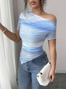 Camiseta de manga corta con hombros oblicuos y estampado de teñido anudado para mujer - Azul y blanco - Ver 9