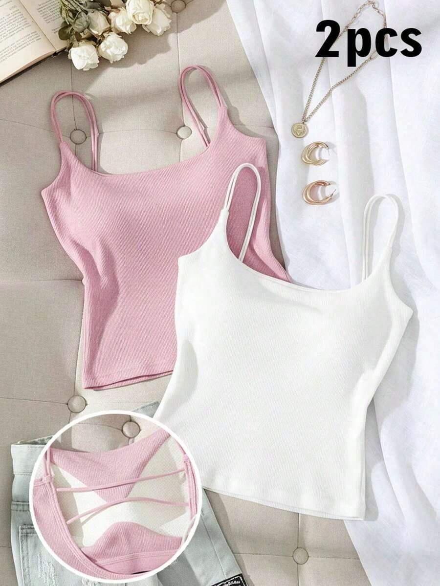 Paquete de 2 tops de camiseta acanalada con sujetador acolchado incorporado - Rosa y Negro/Lunares blancos, tops versátiles casuales para verano y uso en todas las estaciones, estilos suaves y limpios para chica, perfectos para el hogar, la escuela - Negro 6 - Ver 1