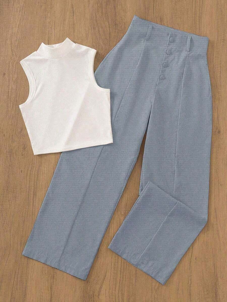 Conjunto de chaleco y pantalones de unicolor, de estilo casual, de vacaciones, con falsos botones, para oficina y jardín, con cuello de tortuga, para primavera/verano - Azul y blanco - Ver 1