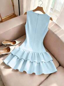Vestido elegante sin mangas estilo francés, vestido mini con decoración de lazo rojo, adecuado para salidas diarias, citas, vacaciones - Azul - Ver 2