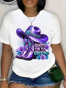 Camiseta Gráfica Western "Boots On The Ground" para Mujer, Camiseta Gráfica Retro de Vaquera Western para Verano, Ropa con Temática de Vaquera, Estilo Casual - Blanco - Ver 5