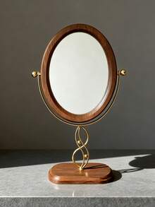 1pc Classic Oval Tabletop Makeup Mirror, 360° Rotating New Chinese Style Wooden Vanity Mirror, Home Decor, Suitable For Dressing Table And Bedroom - Multicolor - View 10