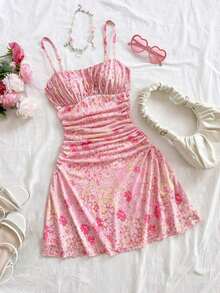 Vestido mini de tirantes finos con línea A, con estampado floral romántico rosa, apropiado para fiesta, cita, Día de San Valentín, Pascua, carnaval, crucero de playa, té de la tarde, moda de primavera/verano - Multicolor 7 - Ver 7