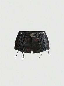 Pantalones cortos de tiro bajo con estampado animal de piel sintética de parche de estilo hippie vintage "Millennium Babe" para mujeres - Negro - Ver 5