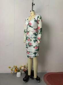 Vestido midi cuello cuadrado estampado estilo corte real vintage otoño 2026, tejido elástico y corte ajustado en cadera - Blanco - Ver 7