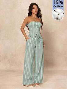 PETITE Conjunto de 2 piezas de top de tirantes de mujer a rayas y pantalones de moda - verde menta - Ver 7