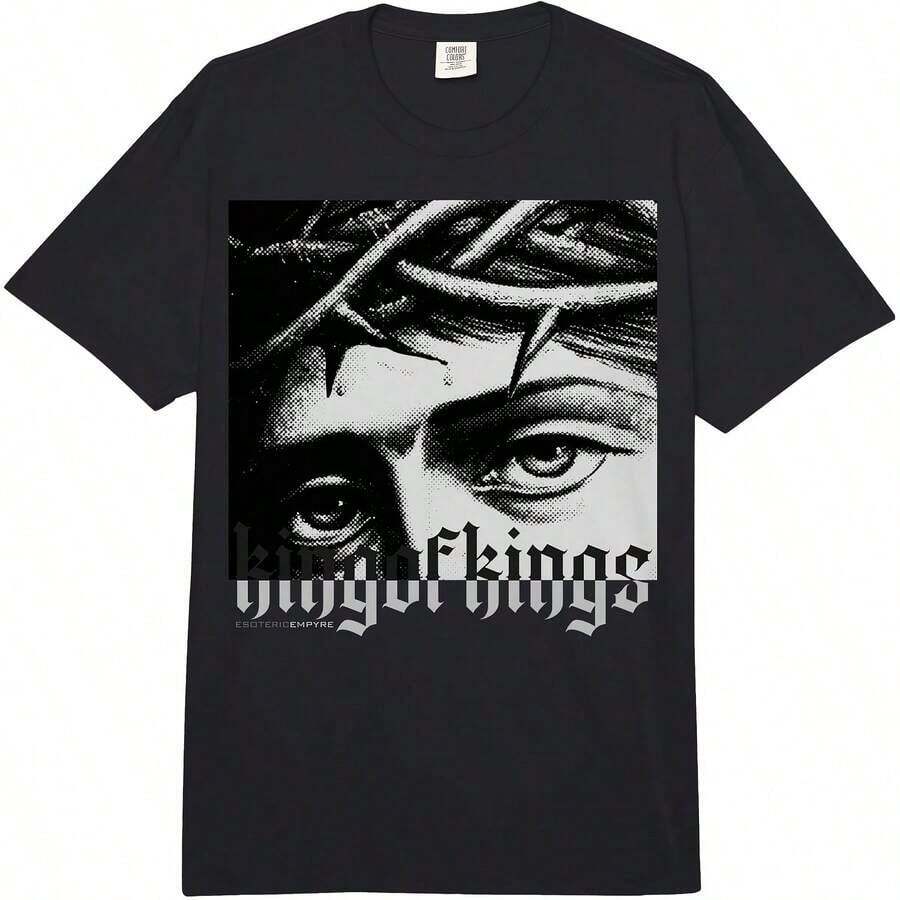 Camiseta de manga corta de algodón puro con cuello redondo y estampado a una cara, estilo vintage urbano, unisex, holgada, para todas las estaciones, para adultos, con la frase "Jesús Cristo Rey de Reyes", blusas para mujer, playeras de mujer, blusas casuales para dama. - Negro - Ver 1