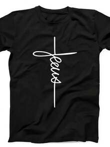 Camiseta negra con la firma religiosa cristiana de Jesús, 606,220 g, 100% algodón. Peso ideal para todas las estaciones, apta tanto para hombres como para mujeres. Tejido de alta calidad y duradero, suave al tacto y de larga duración. Prenda transpirable, ideal para el otoño, vacaciones, Día de la Madre, celebraciones del Día de la Independencia y como regalo. - Negro - Ver 1
