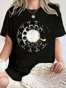 Cotton Graphic T-Shirt, Plus Size, 1 Piece, Men's Clothing, Rotating Telephone Print, Black T-Shirt, Unisex, Casual, Crew Neck, Lightweight 180 G/M² Fabric, Machine Washable, For Spring/Summer/Autumn, Valentine's Day, Thanksgiving, New Year, Y2K, Oversized Men's T-Shirt, Summer Tops - 風格 - 查看 1