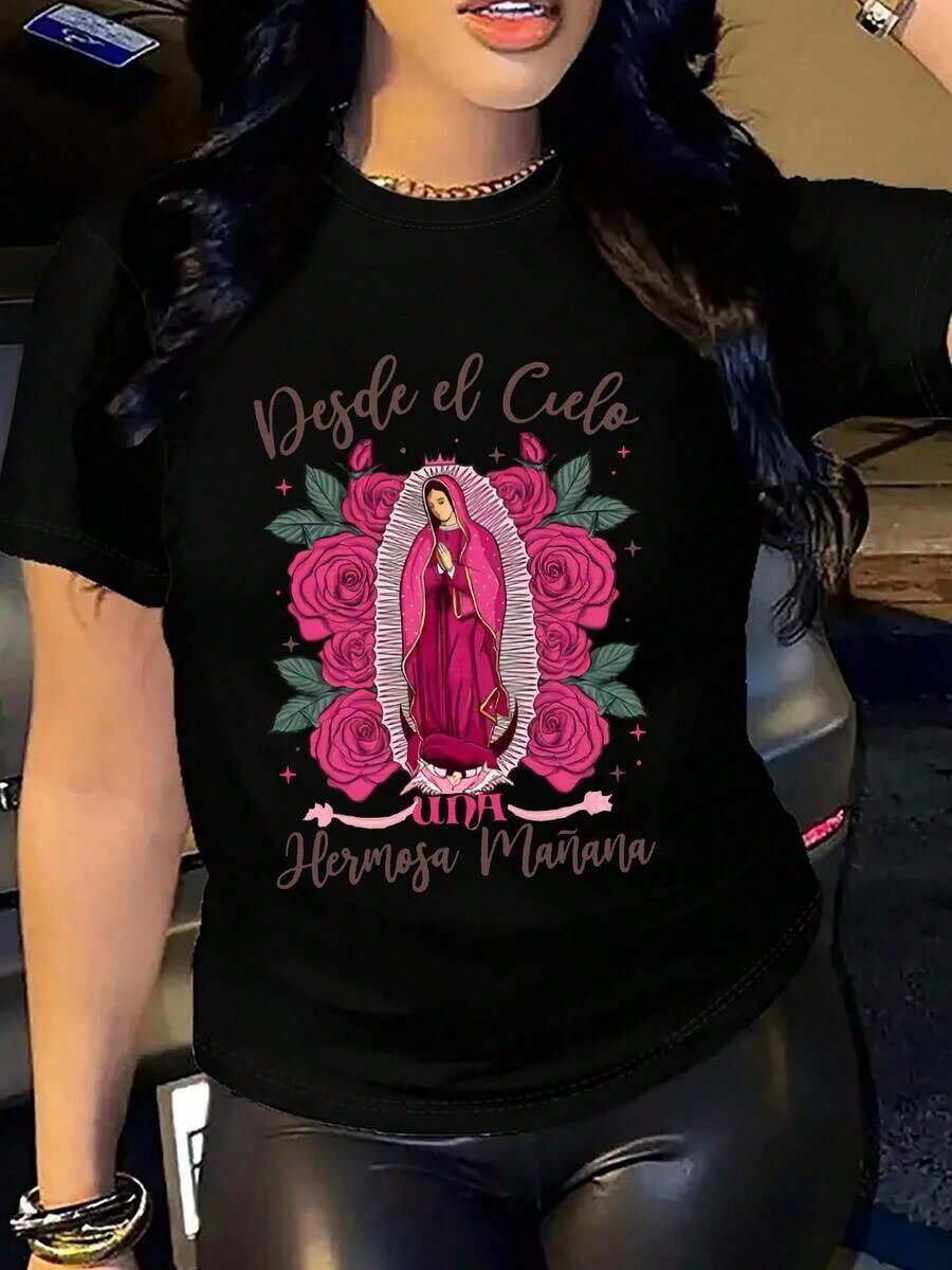 Mother's Day Set: New Women's 'From Heaven' Pink Christian T-Shirt - Virgin Mary And Rosary Design, Loose Fit, Casual Short Sleeve, Round Neck, Comfortable Religious Print Top For All Seasons, Machine Washable, Comfortable Fabric. - 黑色 - 查看 1