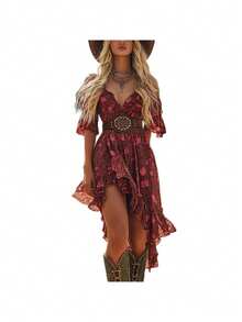 Vestido tirantes con estampado floral y volantes, bestseller en Europa y América - Color de la imagen - View 2