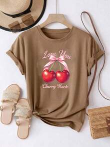 White T-Shirt With Cherries "Love You Cherry Much" Casual Short-Sleeved T-Shirt Cherry Print T-Shirt Cherry Graphic Design With Romantic Phrase Youthful / Sweet / Feminine Style - YH303-棕色 - 查看 2