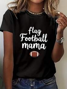 Mom's American Football Graphic Tee - Casual Crew Neck With Bold Football Design And Lettering, Comfortable Fit For All Seasons, Ideal For Moms, Coaches, And Football Fans - Game Day Wear - 黑色 - 查看 6
