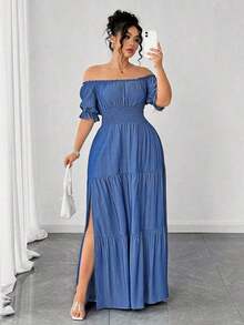 Vestido casual elegante de talla grande para mujer de primavera/verano, en azul sólido de aspecto de mezclilla con cintura fruncida y con abertura lateral - Azul 3 - Ver 6