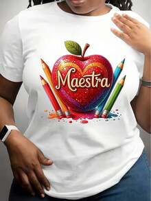 1 Piece Of White Women's T-Shirt With Apple And Colored Pencil Print - Perfect For Teachers And Educators, 180g 100% Cotton - 黑色 - 查看 7