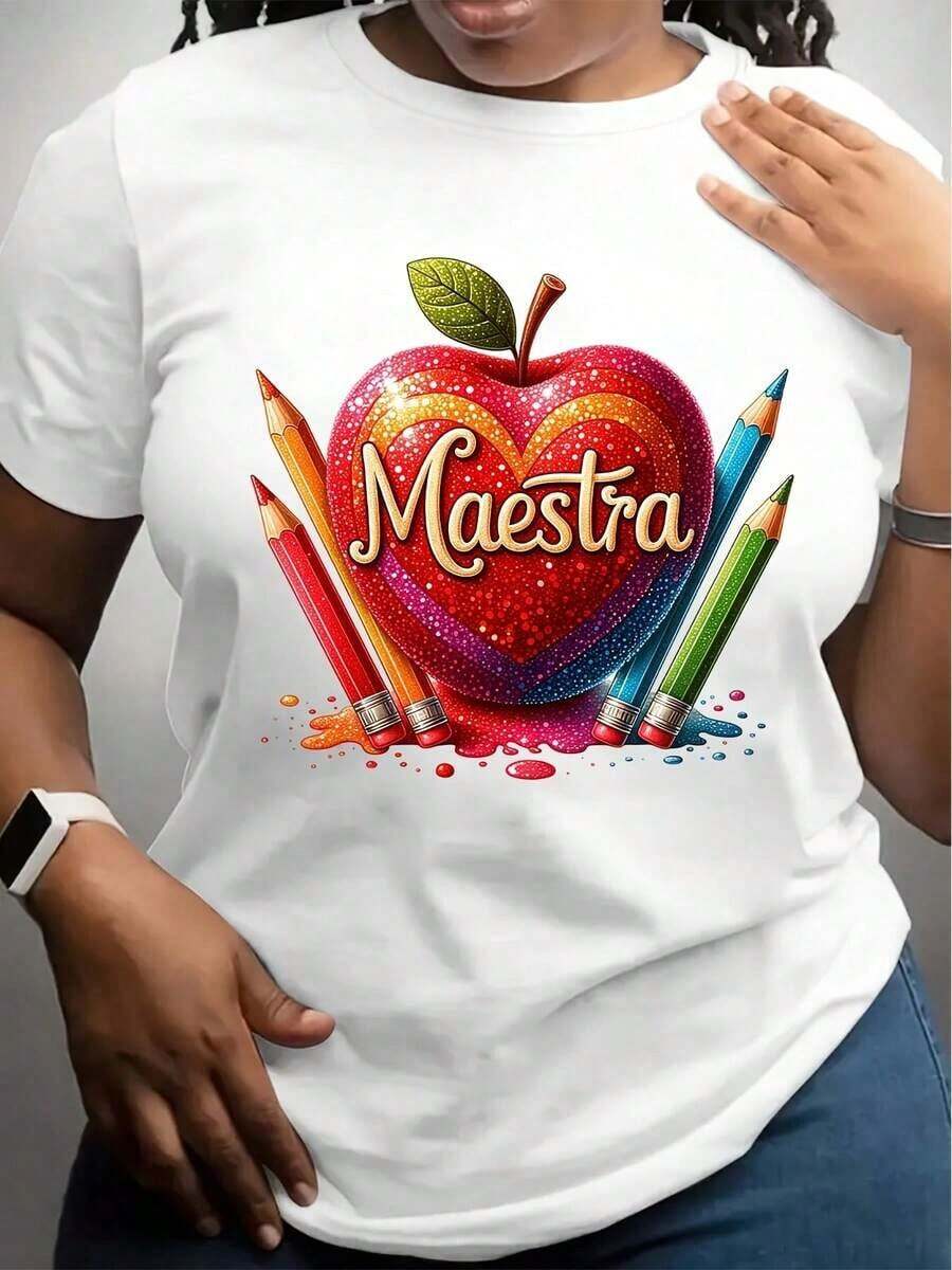 1 Piece Of White Women's T-Shirt With Apple And Colored Pencil Print - Perfect For Teachers And Educators, 180g 100% Cotton - 白色 - 查看 1