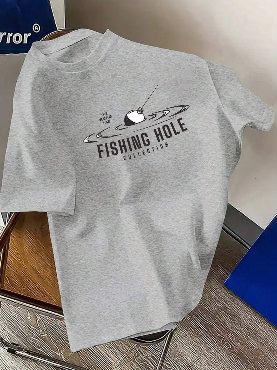 Men's Plus Size T-Shirts, 100% Cotton, With Fishing Buoy Print, Short Sleeve, Crew Neck, Modern Casual Style With A Fishing Theme. Comfortable Short Sleeve T-Shirt For Summer. - 灰色 - 查看 1