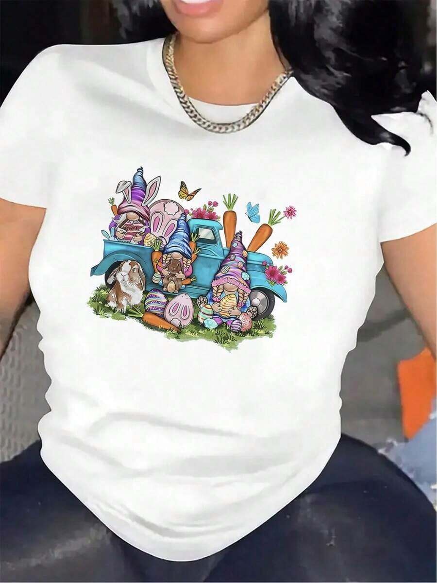 Black And White Short-Sleeved T-Shirt With An Easter Bunny Design, Perfect For Wearing At Home. It's Durable And Comfortable, Making It Ideal For The Living Room Or Dining Room. The Fabric Is Soft, With A Festive Print, And Offers A Casual Style. This Versatile Women's Short-Sleeved T-Shirt Is A Wardrobe Staple That Can Be Worn As Both An Undershirt And An Outer Layer. - 白色 - 查看 1