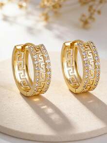 1 Pc Vintage Greek Key Motif Wide Earrings, Silver And Gold-Toned Earrings Jewelry For Women's Parties, Daily Leisure, And Vacations - Multicolor - View 5