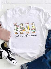 Camiseta de Mujer y Unisex con Estampado de Huevos de Pascua, Ganso y Pollito - Blusa Casual de Manga Corta y Cuello Redondo para Primavera, Verano y Otoño - Camiseta Compatible para Atuendos Casuales, Lavable a Máquina, Regalo, Top Transpirable y Cómodo - Tops de Primavera - Tops de Verano - Ropa de Vacaciones para Mujer - Tops de Pascua para Mujer - Ropa de Verano 100% Algodón - Estilo Vintage Urbano Unisex, Camiseta de Manga Corta de Algodón Suelto con Cuello Redondo - Blusas para mujer. blusas.blusas casuales para dama. - Blanco - Ver 2
