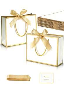 4pcs/Set Gift Bags Set, Champagne Silver Gray Gift Bag Set, Luxury Gift Bags With Handles, Bow Decor Paper Gift Bags With Tissue Paper Card And Ribbon For Wedding Birthday Valentine Bridesmaid Christmas Party Gift Packaging - Golden Mist White - View 5