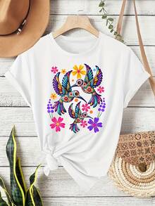 Short-Sleeved T-Shirt With Round Neck, Mexican Style, Bohemian Style, Folk Art Floral Print With Three Birds,  Retro Style, Casual Sports And Fitness Clothing For Women, Suitable For All Seasons, Women's Clothing, Blouses, Beautiful Blouses For Women, Shirts. - 白色 - 查看 7
